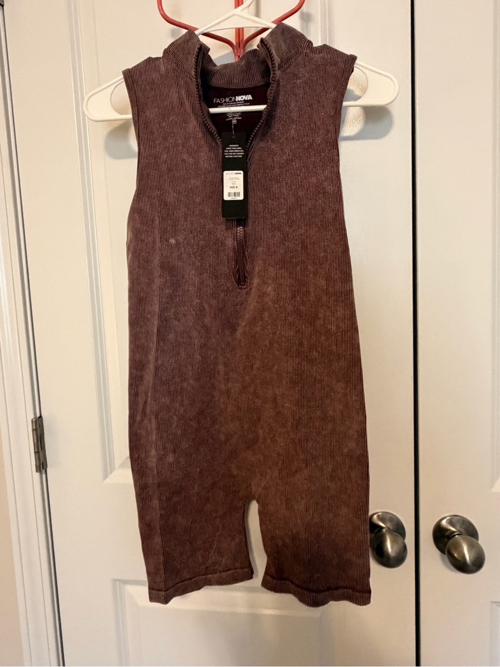 Fashion Nova Brown Sleeveless Corduroy Half‑Zip Romper